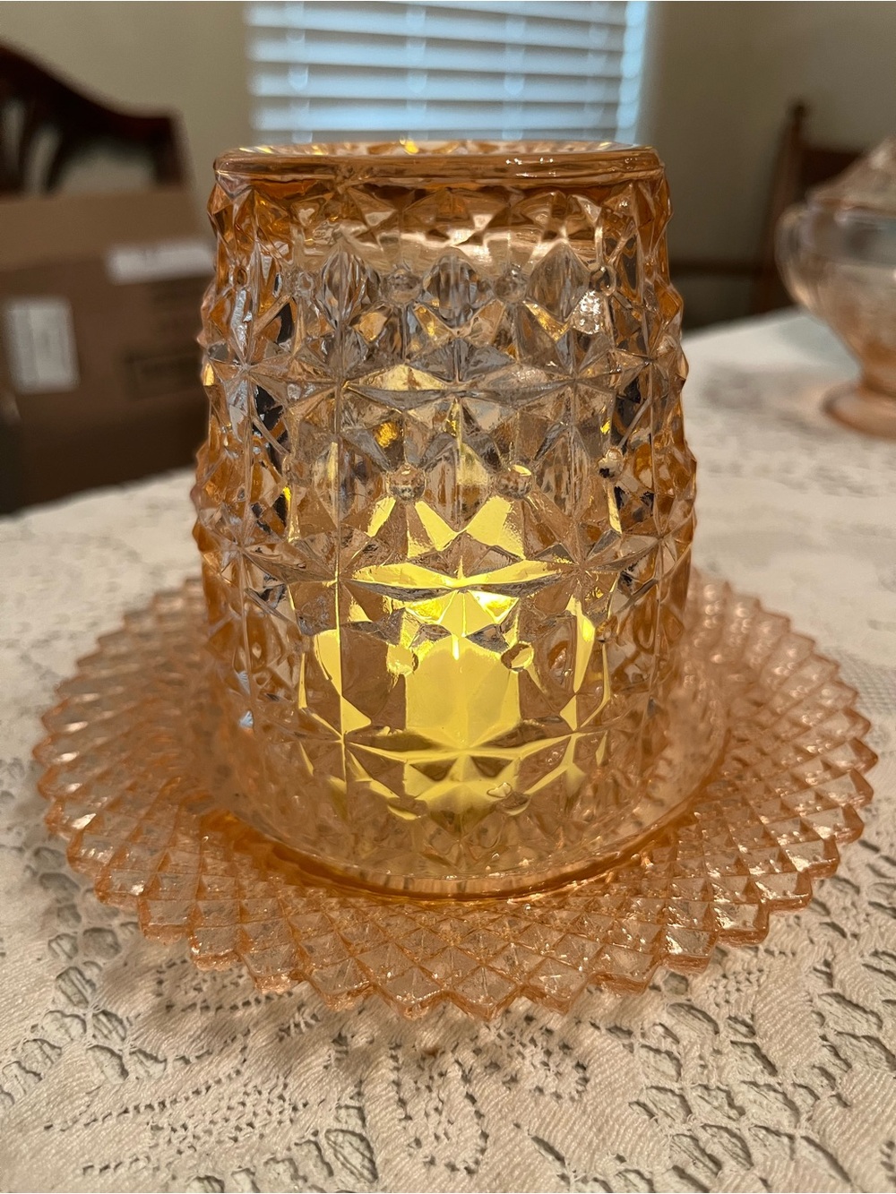 Vintage Pink Depression Glass Fairy Lamp | Geometric Glass & Plate - Picture 4 of 5